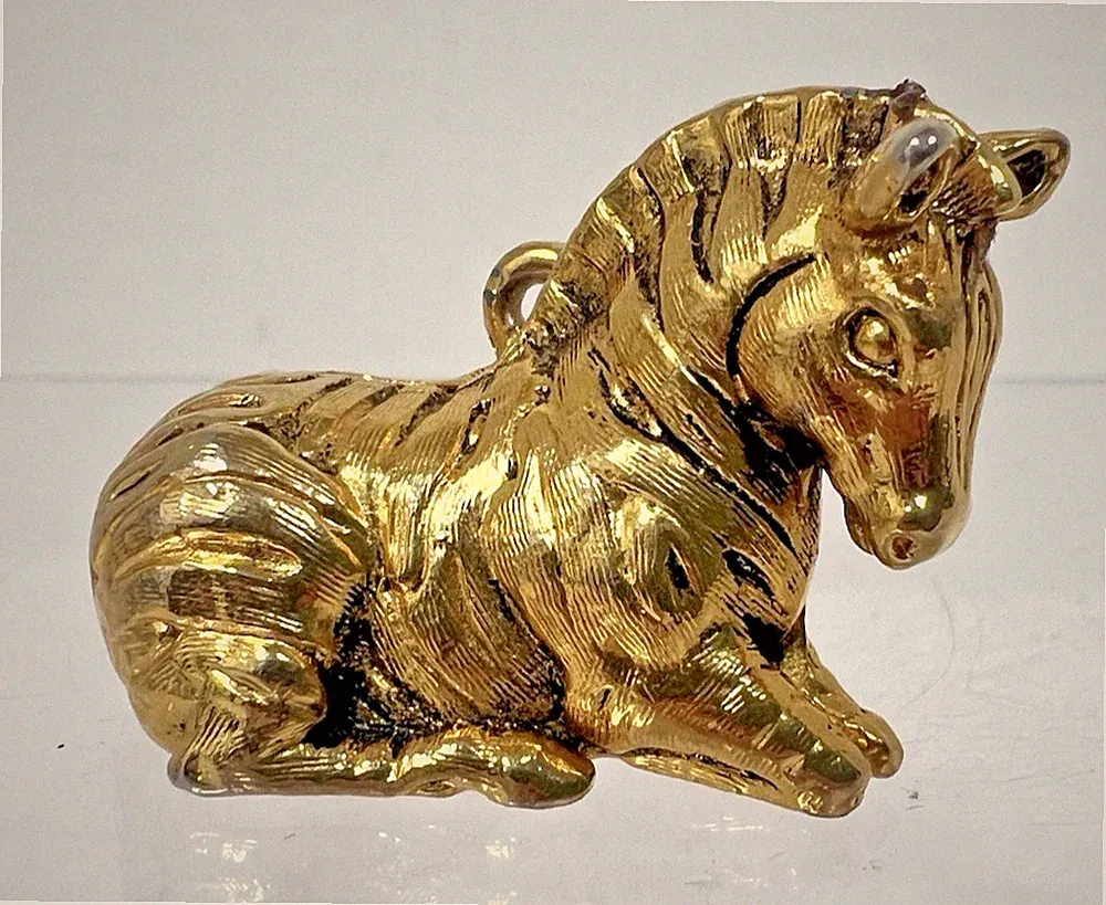 Vintage Max Factor Gold Tone Metal Zebra Solid Perfume Case Pendant 1 3/8" Long